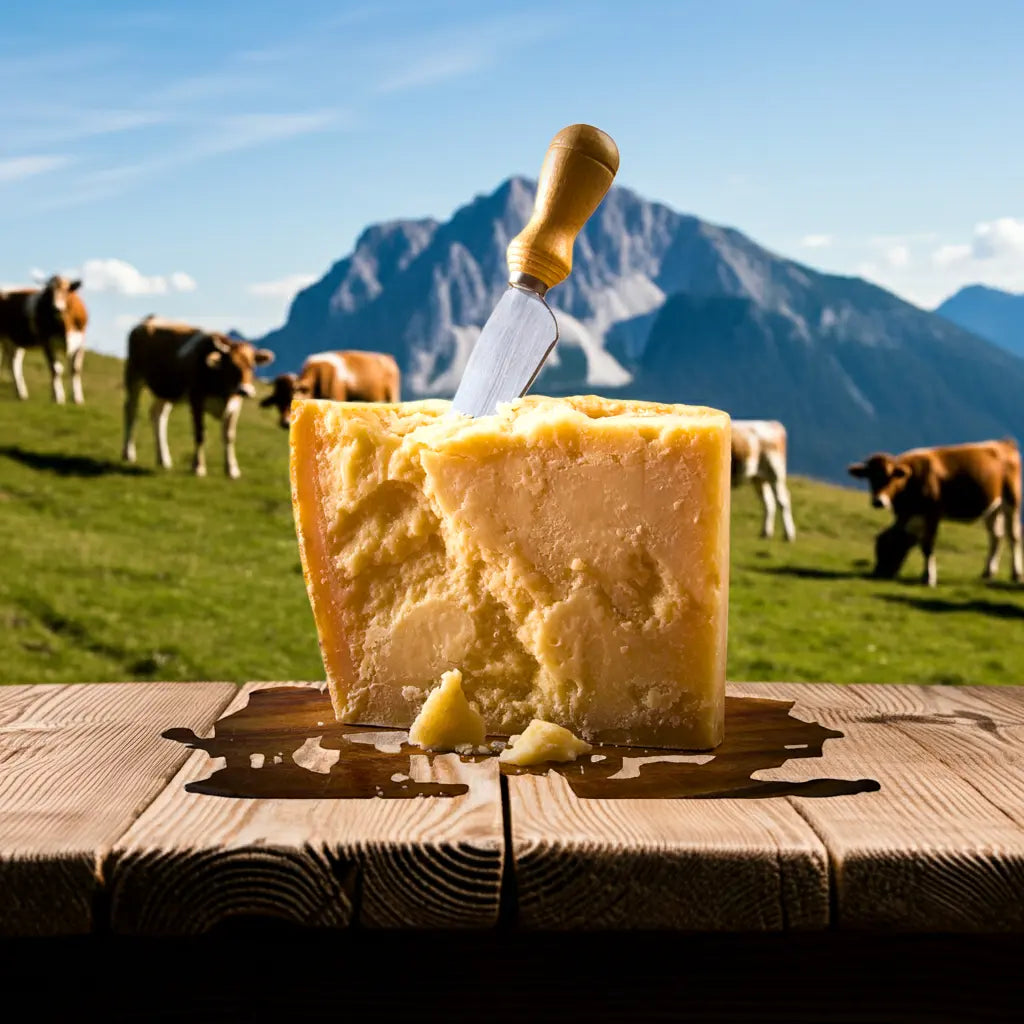 Pezzo di Parmigiano Reggiano su tavolo in montagna
