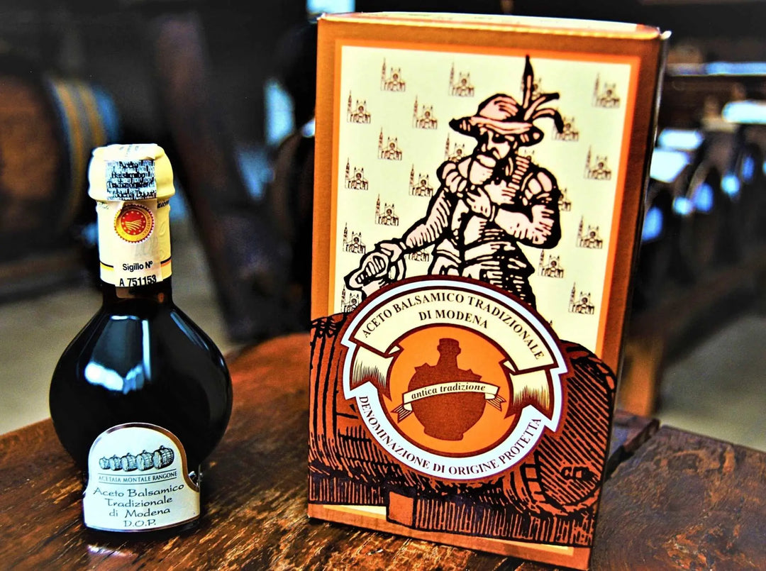 Bottiglia di Aceto Balsamico Tradizionale di Modena DOP affinato 12 anni da 100ml con certificazione DOP e design elegante