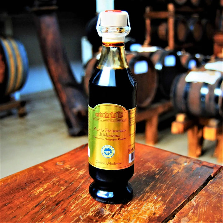 Aceto Balsamico di Modena IGP Quattro Madonne 250ml bottle with certification logo and packaging