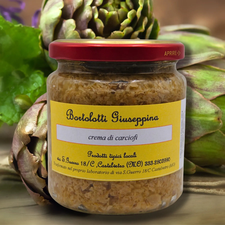 Crema di Carciofi 300g glass jar artisan artichoke cream condiment from Castelvetro with natural ingredients