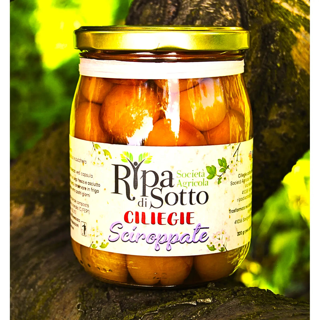 Vaso di Ciliegie Sciroppate varietà Gold da 500 gr in vetro, conserva dolce e senza allergeni