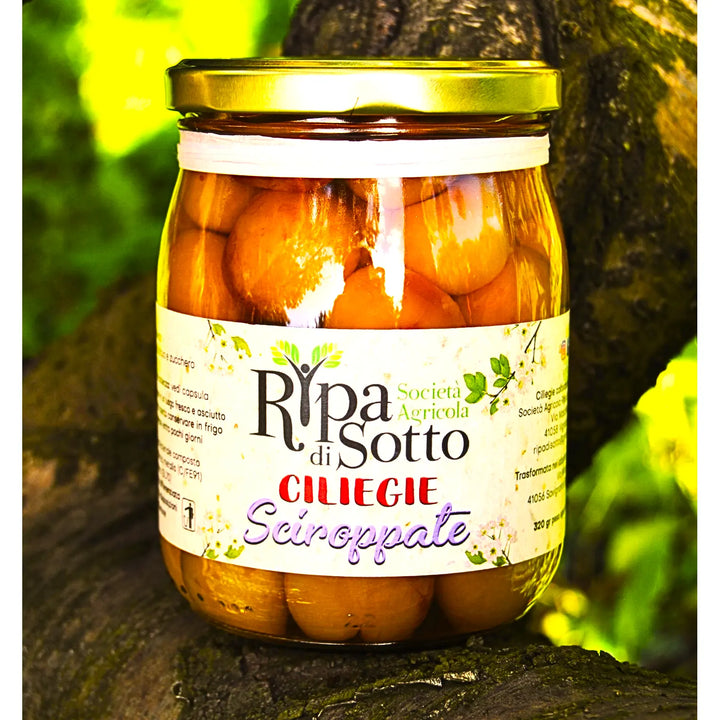 Vaso di Ciliegie Sciroppate varietà Gold da 500 gr in vetro, conserva dolce e senza allergeni