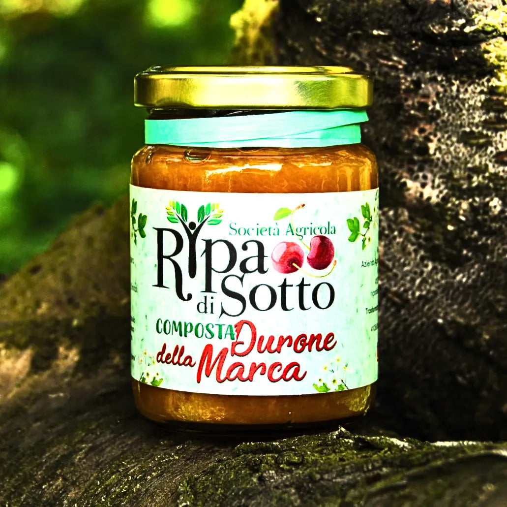 Composta di Duroni della Marca in 100g glass jar with natural ingredients and nutritional information