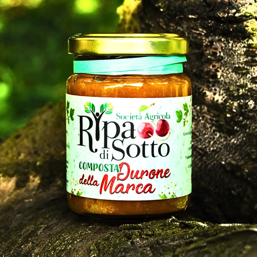 Composta di Duroni della Marca in 100g glass jar with natural ingredients and nutritional information