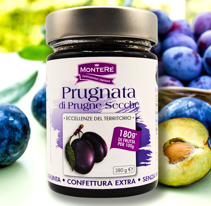 Jar of Confettura Extra di Prugne Secche plum jam 380g with no added pectin and gluten-free