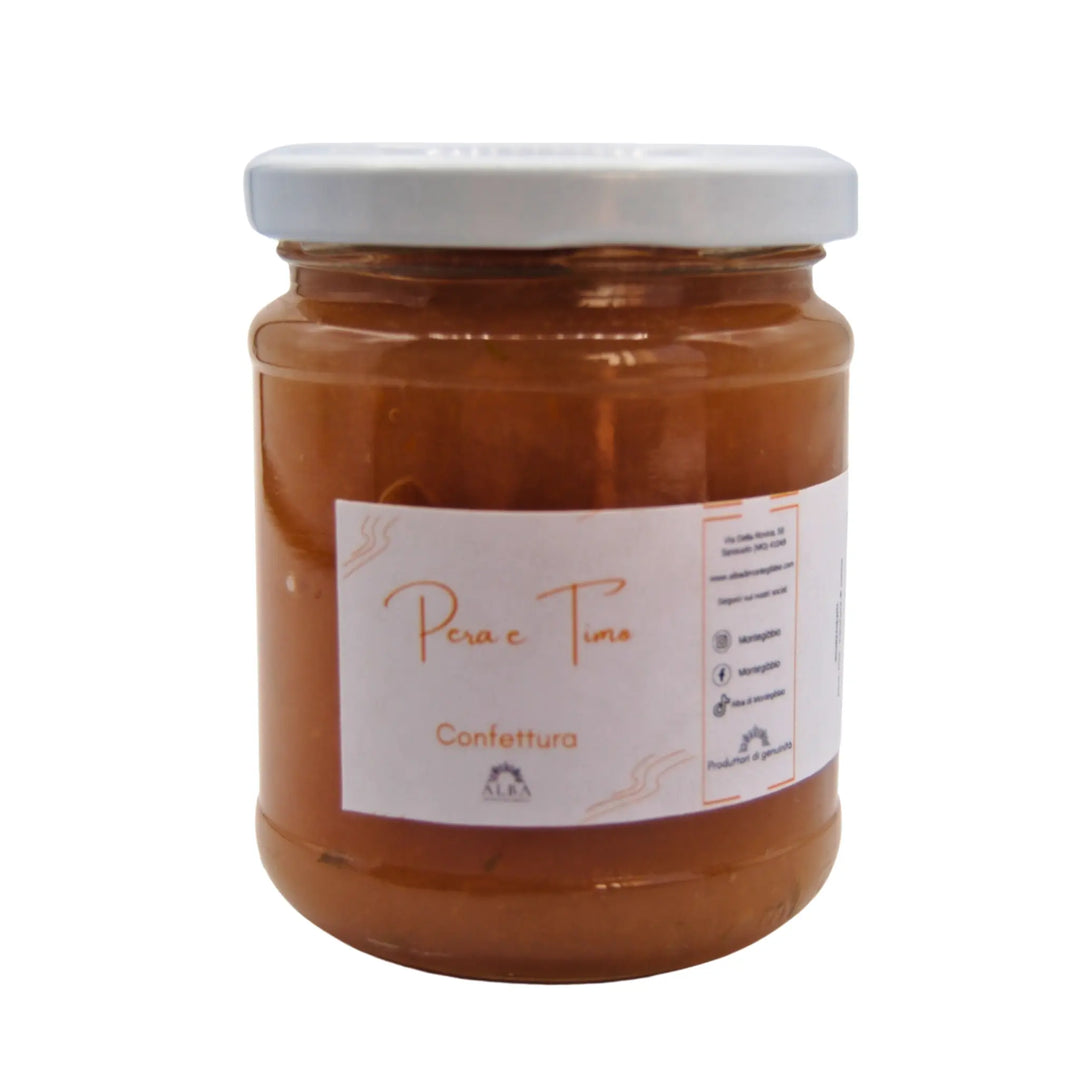 Vaso di confettura artigianale di pera e timo naturale senza conservanti per abbinamenti gourmet