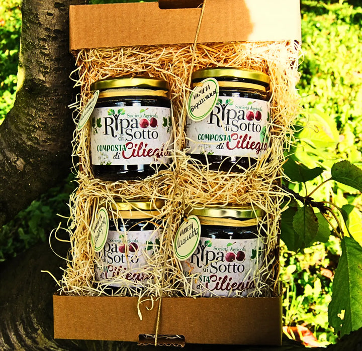 Confezione Le 4 Ciliegie set with 320g jars of Adriana, Sweet Aryana, Marysa, and Moretta cherry compotes