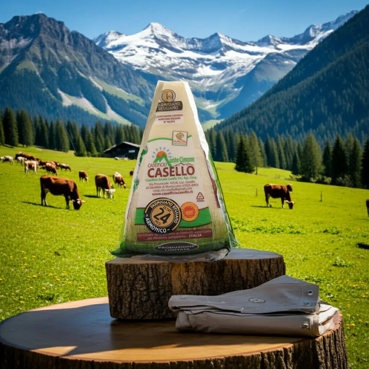 Forma di Parmigiano Reggiano DOP stagionato 24 mesi proveniente dall'Alto Appennino Modenese con crosta naturale e ricca consistenza