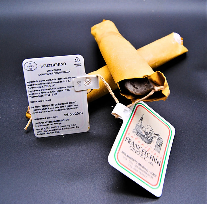 Two pieces of Stuzzichino Salsiccia stagionata dry-cured sausage weighing 400g total
