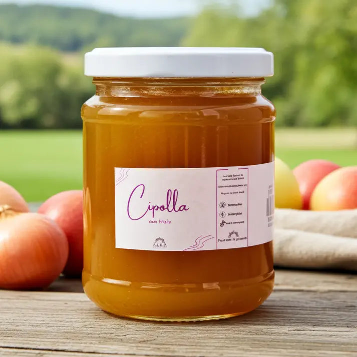 Vaso di composta artigianale cipolla con mela agrodolce per aperitivi e taglieri